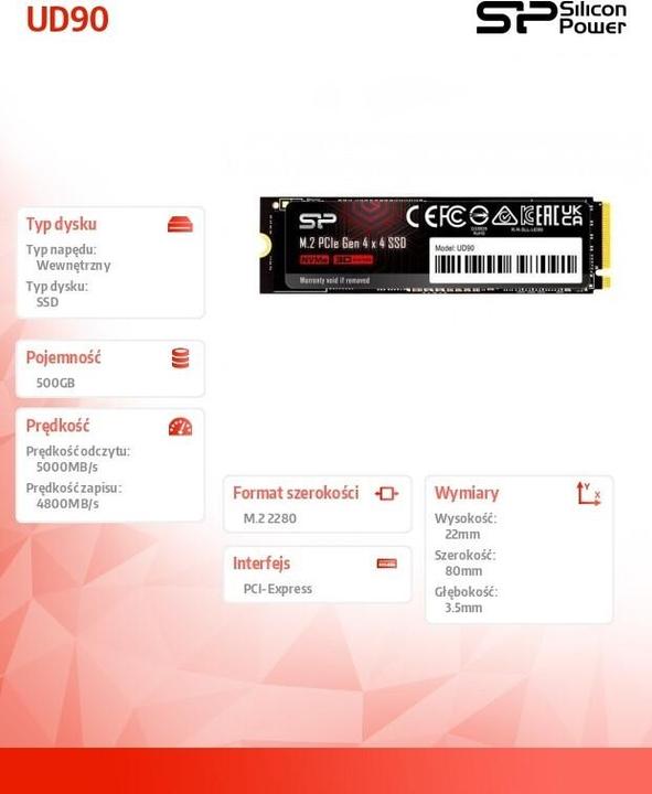 Immagine prodotto Silicon Power SSD M.2 2280 PCIe 500GB UD90 Gen4x4 NVMe 4500/1950 MB/s (500 GB, M.2 2280)