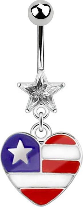 Star Piercing Banane silber mit Anhänger USA Herz und Sternkristall (Chirurgenstahl 316L, ohne Messing)