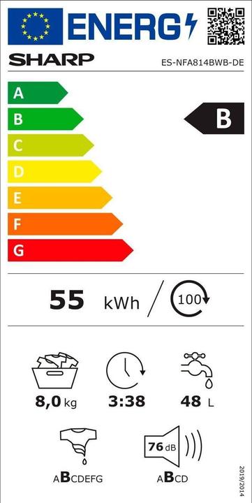 Label énergétique Sharp ES-NFA814BWB-DE (8 kg, Gauche)