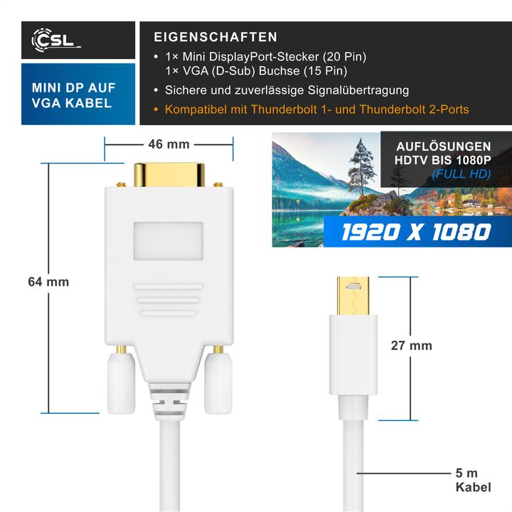 Produktbild CSL Mini Displayport zu VGA Audio Video Kabel, miniDP Monitor Adapter / Thunderbolt 1 & 2 kompatibel (5 m, DisplayPort, VGA)