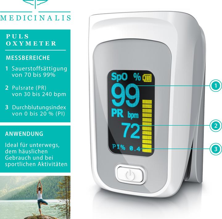 Produktbild Medicinalis Pulsoximeter, SpO2 Finger Pulsmesser, Fingerpulsoximeter Puls & Sauerstoffsättigung, Batterieanzeige