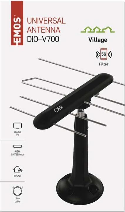 Immagine prodotto Emos Antenna universale EM-DIO3, 0-80 km, DVB-T2, LTE/4G/5G filtro (DVB-T / -T2, LTE)