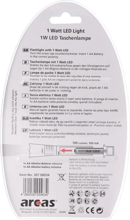 Actual product image Arcas 1 watt LED torch black including alkaline battery