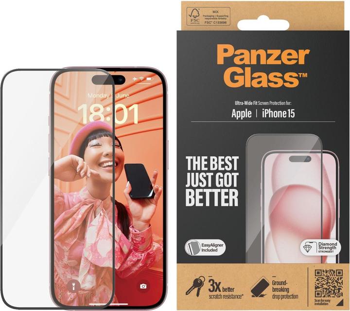 Productafbeelding PanzerGlass Screen Protector iPhone 2023 6.1 Ultra-Wide Fit w. EasyAligner (1 Stuk, Apple iPhone 15)