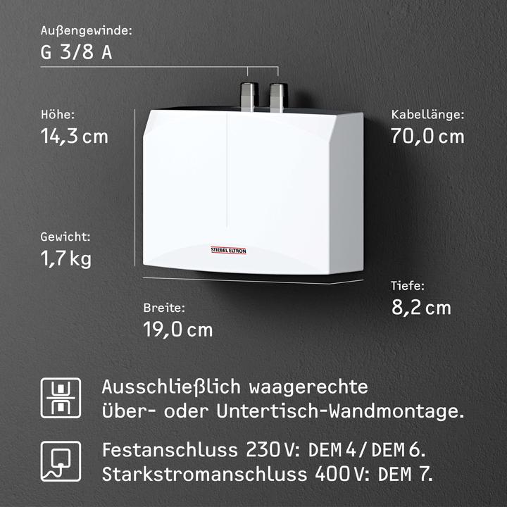 Produktbild Stiebel Eltron DHM 7 Mini-Durchlauferhitzer nur Handwaschbecken, 6,5 kW, ohne Stecker, Starkstromanschluss 400V,VDE