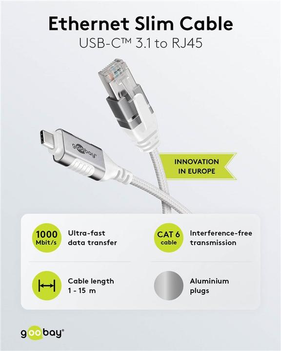 Produktbild Goobay Ethernet-Kabel USB-C 3.1 auf RJ45, Slim, 3 m (USB 3.1, RJ45 (1x))