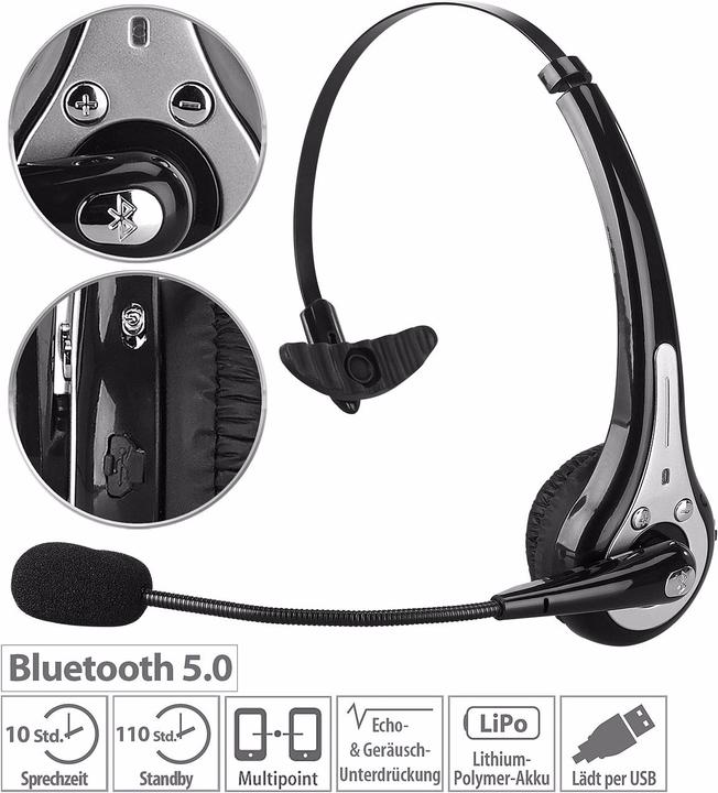 Produktbild Callstel Profi-Mono-Headset mit Bluetooth, Geräuschunterdrückung, 10-Std.-Akku (Kabellos, USB-A)