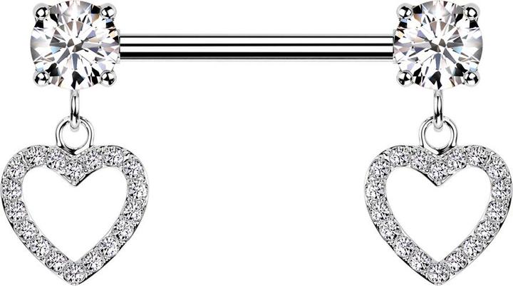 Actual product image Star Piercing Barbell silber mit zwei Kristall silber gefasst Anhänger Herz Kristalle silber (Brass, Surgical steel 316L)