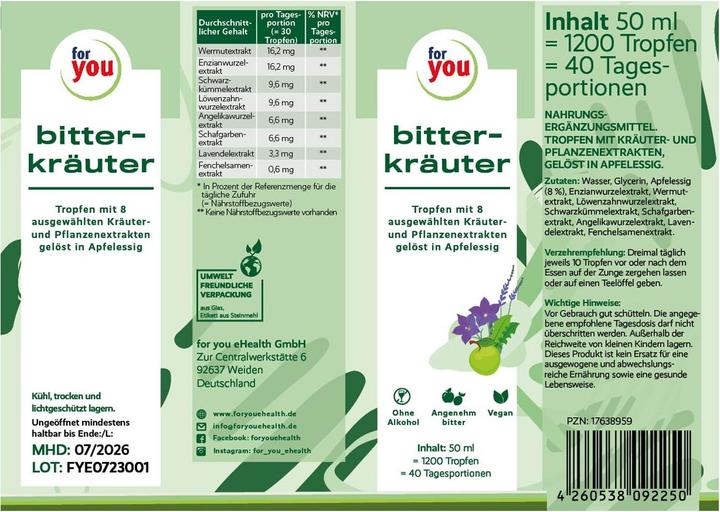 Nutritional values and ingredients For You bitter herbs drops (1 Piece, Droplet)