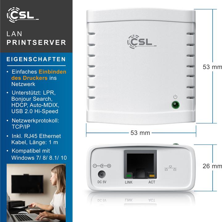 Image du produit CSL Serveur d'impression LAN Serveur d'impression USB2.0, LRP Print Server pour Windows, réseau USB