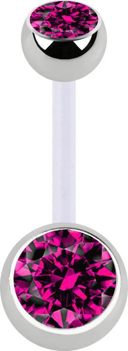 Produktbild Star Piercing Banane transparent mit zwei Kugeln silber Kristall fuchsia (Bioflex, Chirurgenstahl 316L, ohne Messing)