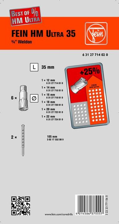 Energy Label Fein Core drill set 63127714020 1 S (18 mm, 14 mm, 12 mm, 20 mm, 22 mm, 16 mm)