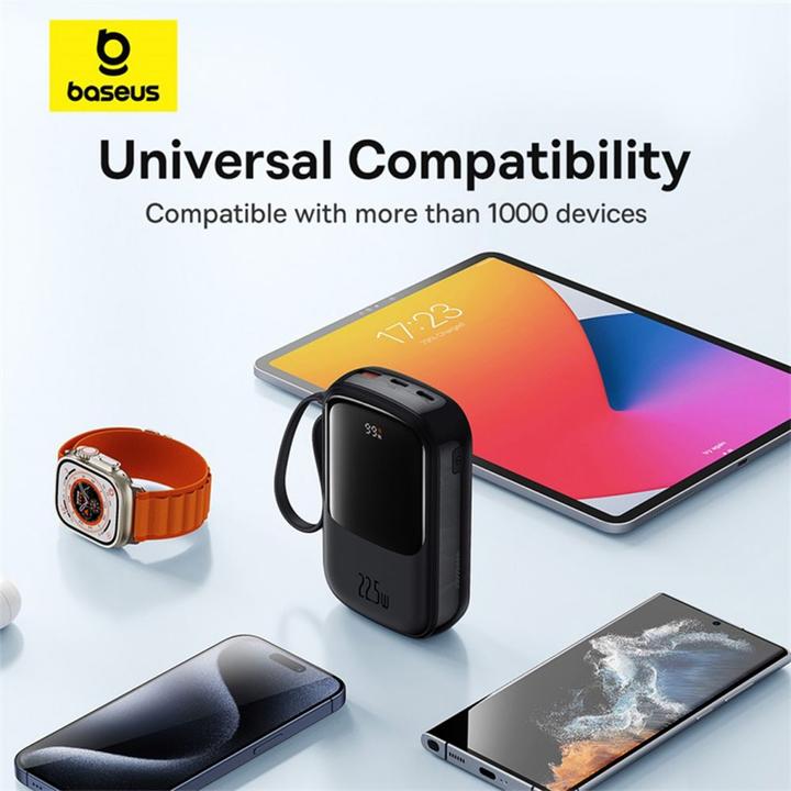 Actual product image Baseus Qpow Pro+ 20000mAh 22.5W powerbank with built-in USB-C cable and display - black (20000 mAh, 22.50 W, 74 Wh)