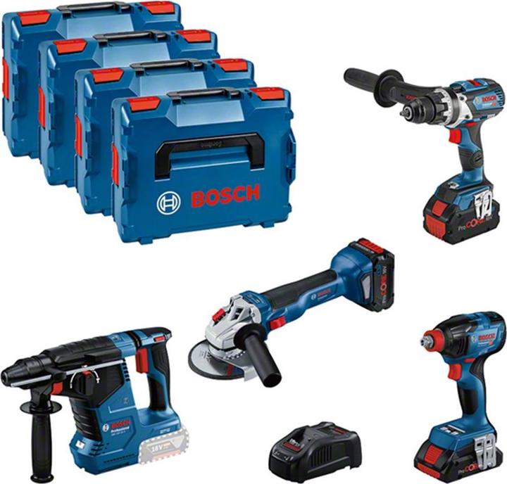 Bosch Professional Kit combinato con 4x 18V: GSR18V-110C/GDX18V-210C/GWS18V-10/GBH 18V-24C, 3x batteria ricaricabile