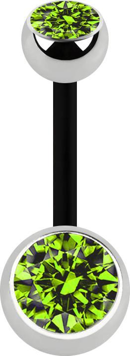 Star Piercing Banane schwarz mit zwei Kugeln silber Kristall hellgrün (Chirurgenstahl 316L, ohne Messing, Bioflex)