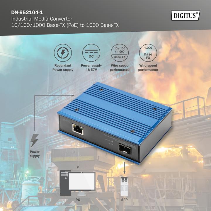 Image du produit Digitus 10/100/1000Base-TX (PoE) to 1000Base-FX Industrial Media Converter (2 Ports)