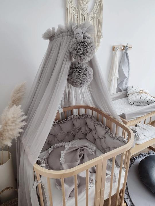Baby-Nest Grey tulle bed canopy with 2 pompoms
