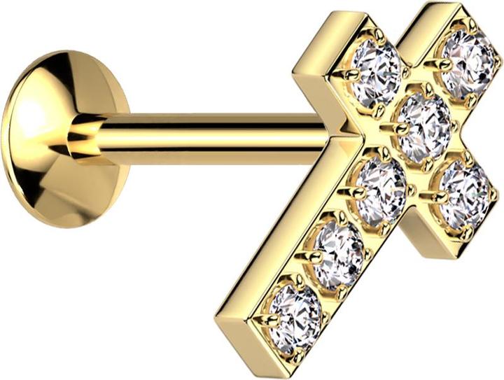 Star Piercing Micro Threadless UFO Labret vergoldet Kreuz vergoldet Kristalle silber (ohne Messing, Chirurgenstahl 316L)