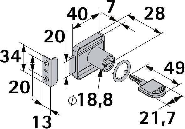 Produktbild Hettich Zylinder-Aufschraubschloss unterschiedlich schlieend Trstrke 13-20 mm Stahl vernickelt