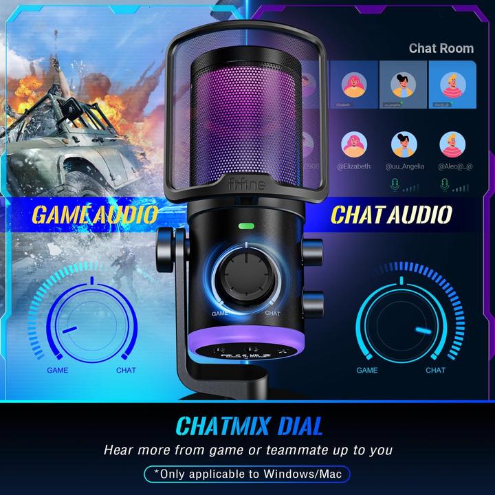 Actual product image Fifine AM6 Gaming condenser microphone with chat and gaming volume, RGB light ring, noise cancelling