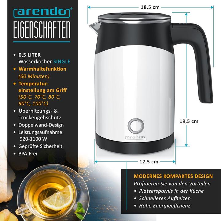 Produktbild Arendo Wasserkocher mit Temperatureinstellung & Warmhaltefunktion (0.50 l, EU-Stecker)