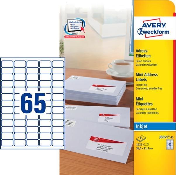 Image du produit Avery J8651-25, blanc, jet d'encre, 38.1 x 21.2 mm, 25 feuilles, A4