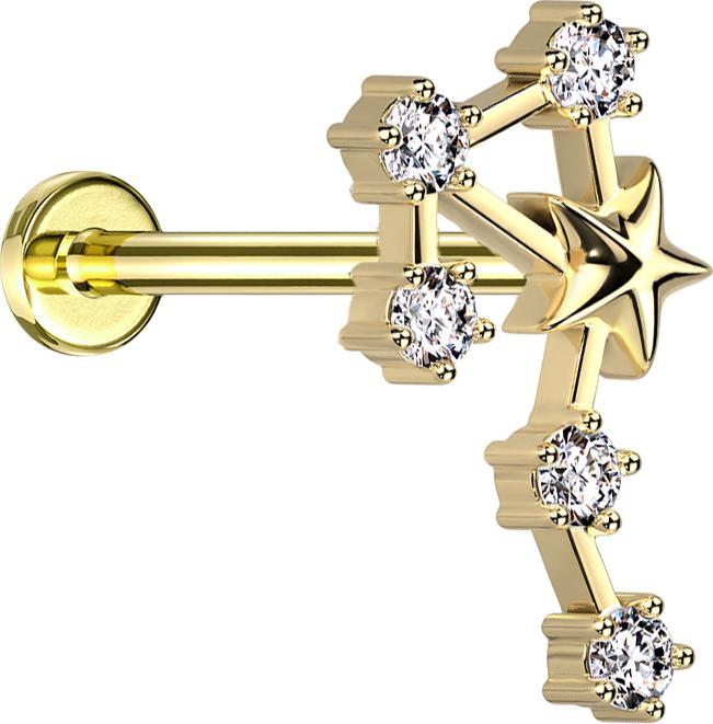 Produktbild Star Piercing Micro Labret Innengewinde vergoldet Sternzeichen Waage mit Kristallen (Chirurgenstahl 316L, Messing)