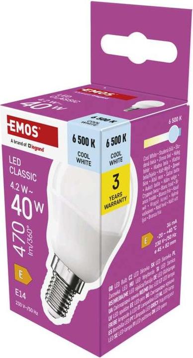 Produktbild Emos LED Lampe Classic Mini Globe / E14 / 4,2 W (40 W) / 470 lm / Kalt-Weiss (E14, 4.20 W, 470 lm, 1 x, E)