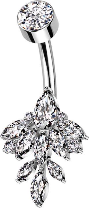Star Piercing Banane Innengewinde silber mit Zylinder silber Kristall silber und Blatt Ovale Kristalle silber (ohne Messing, Titan G23)