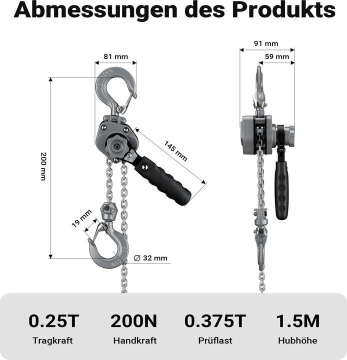 Produktbild Wiltec Mini Hebelzug bis 250kg Handkettenzug 1,5m Hubhöhe Kettenzug Hebezeug