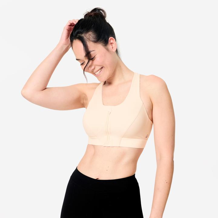 Image du produit Domyos Brassière de sport côtelée zippée maintien modéré Femme, beige (XL)