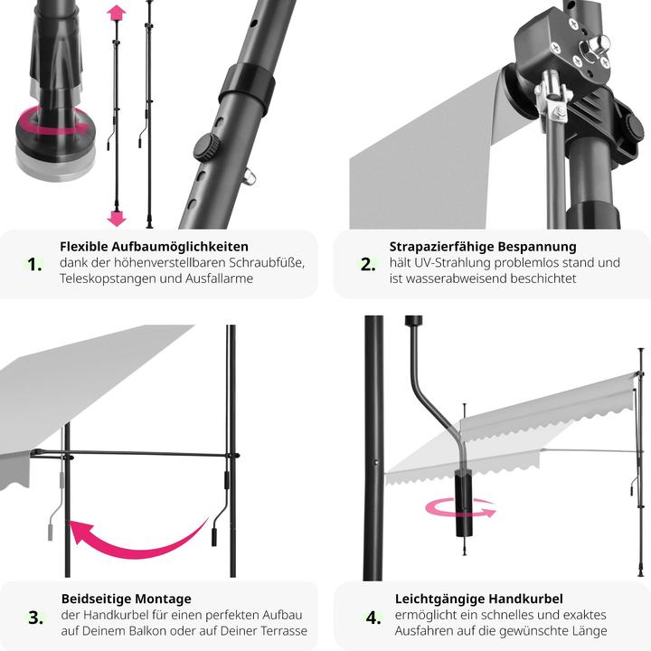 Produktbild tectake Klemmmarkise mit Handkurbel, höhenverstellbar (4 m)