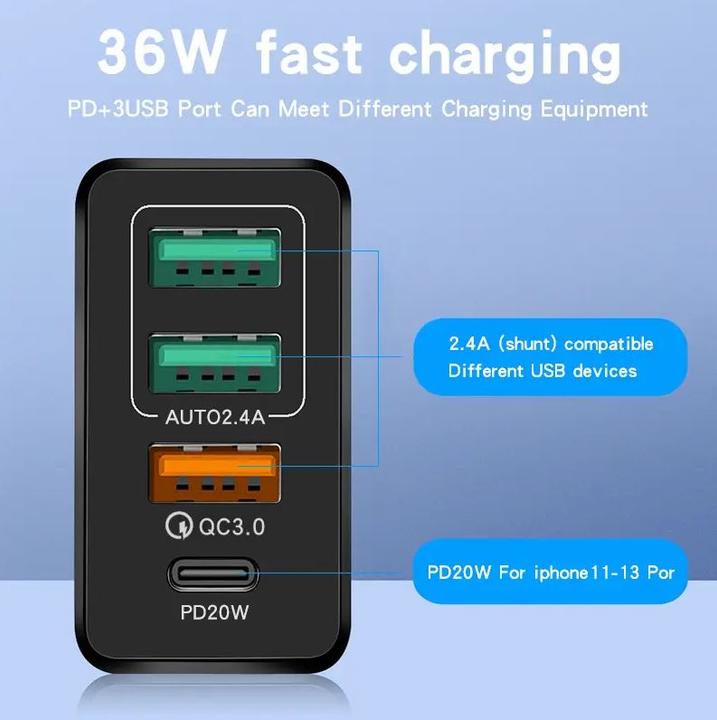 Actual product image PhoneLook Chargeur secteur 36W PowerDelivery QC3.0 Adaptateur de charge rapide 3x USB-A + 1x USB-C (36 W)