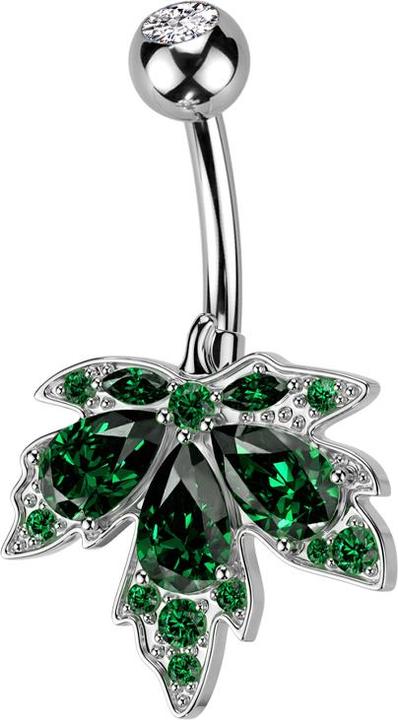 Star Piercing Banane silber mit Kugel silber Kristall silber und Ahornblatt Kristalle grün (Chirurgenstahl 316L, Messing)