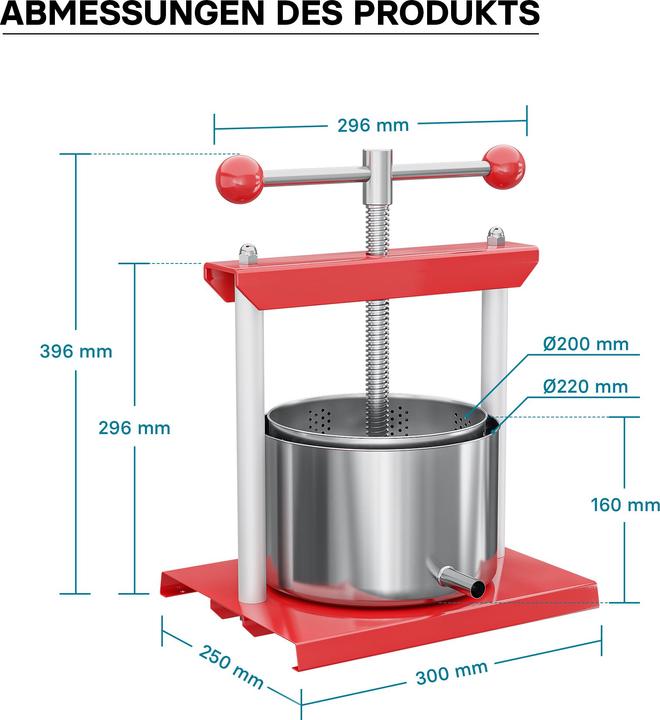 Produktbild Wiltec Obstpresse Weinpresse Stahl 6L Edelstahlkorb Fruchtpresse Beerenpresse (EU-Stecker)