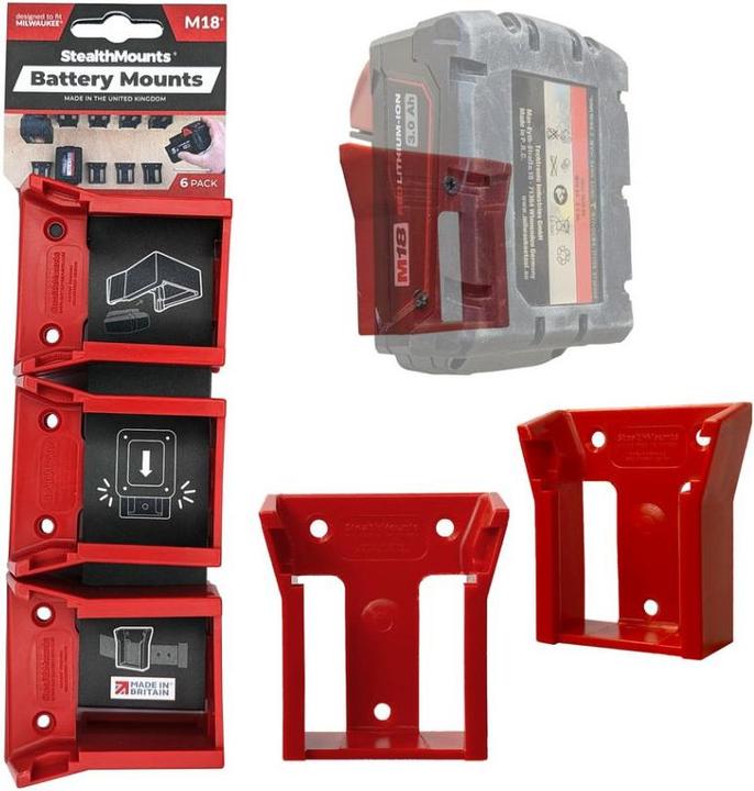 Produktbild StealthMounts BM-MW18-RED-6 Rote Batteriehalter für Milwaukee M18 18v (6er Pack)