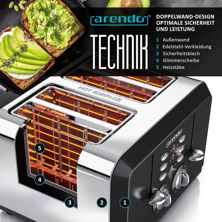 Immagine prodotto Arendo Breakfast X2 Toaster für 4 Scheiben, mit Auftau- Aufwärm- und Stoppfunktion