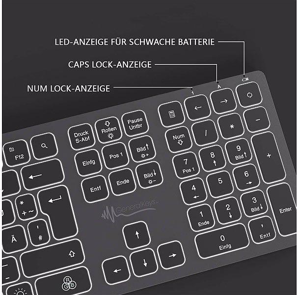 Produktbild GeneralKeys Funk-Tastatur mit 7-farbiger Beleuchtung, Slim-Design, 10 m, 2,4 GHz (DE, Kabelgebunden)