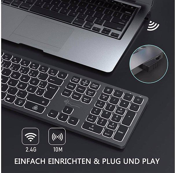 Produktbild GeneralKeys Funk-Tastatur mit 7-farbiger Beleuchtung, Slim-Design, 10 m, 2,4 GHz (DE, Kabelgebunden)