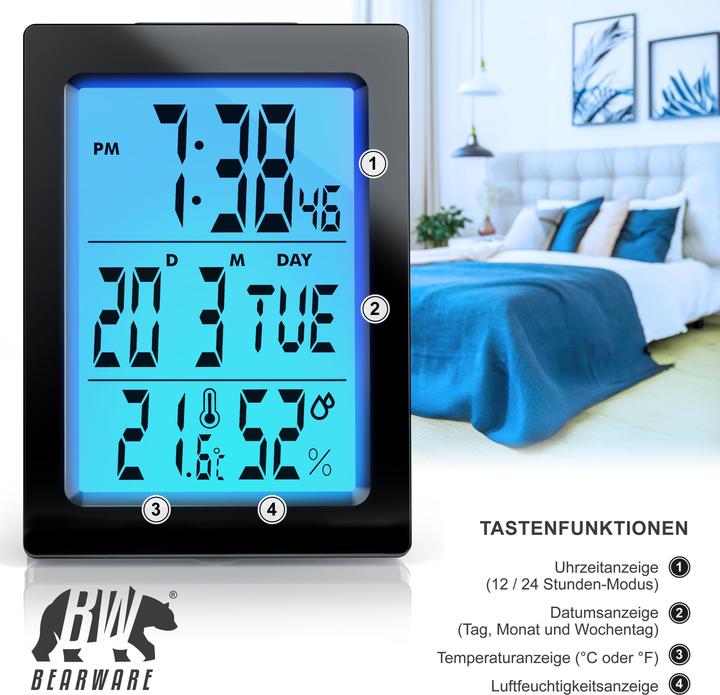 Produktbild Bearware Wecker digital, Reisewecker, Temperaturanzeige, Temperatur Luftfeuchte, 2 Alarme, Netzteil+Akku