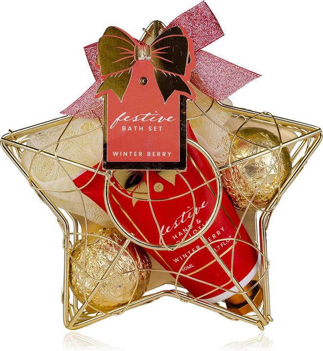 Produktbild Accentra Badeset FESTIVE in sternförmigem Drahtkorb, inkl. 50ml Hand- & Bodylotion, 2 x 40g Badefizzer, 10g N (Haarpflege set, Körperpflegeset)