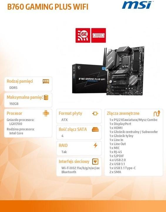 Produktbild MSI B760 GAMING PLUS WIFI (LGA 1700, Intel B760, ATX)