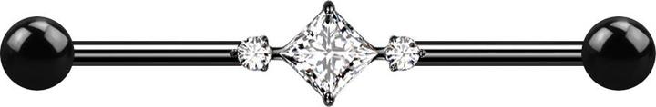 Star Piercing Barbell schwarz mit zwei Kugeln zwei runde Kristalle mittig ein quadratischer Kristall (ohne Messing, Titan G23)