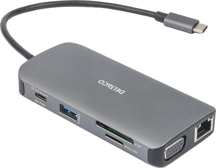 Actual product image Deltaco USB-C docking station 3xUSB/SD/microSD/RJ45/HDMI si (USB-C, 9 Ports)