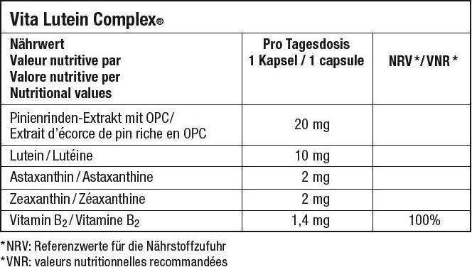 Nährwerte und Zutaten Vita Lutein Complex mit Lutein  Astaxanthin  Heidelbeerpulver (60 Stück, Pulver, Kapseln, 174 g)