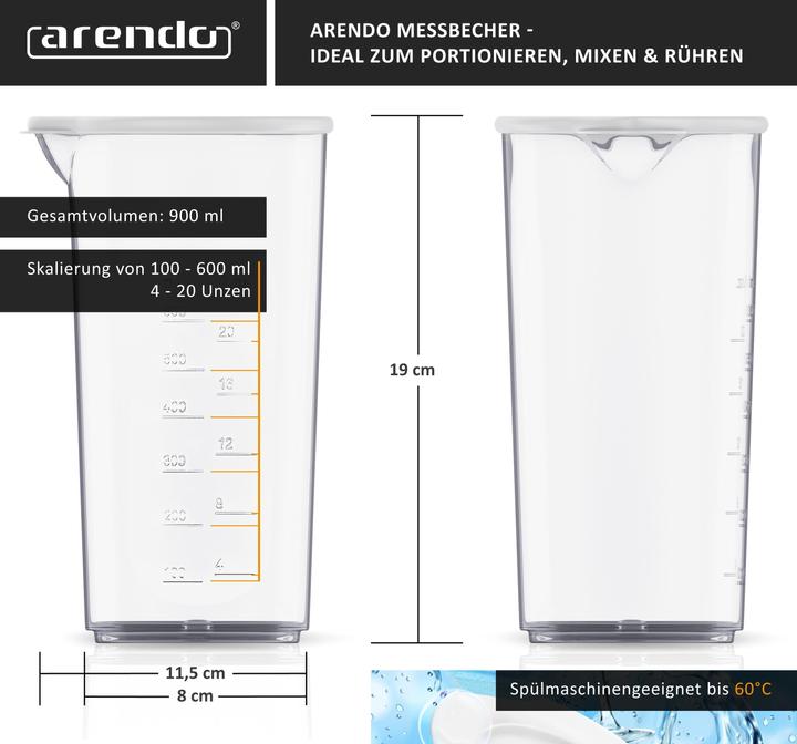 Immagine prodotto Arendo Misurino in plastica da 600 ml, ideale per impastatrici e frullatori a mano, bicchiere per bere, 20 (600 ml)