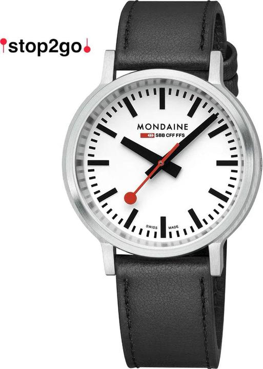 Actual product image Mondaine MST.4101B.LBV Stop2go Horloge - Station clock - Saffierglas - Staal/Kunstleer - Zilver/Zwart - 41 mm (41 mm)