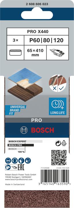 Label énergétique Bosch Professional Zubehör PRO X440 bande abrasive, 65 x 410 mm, G60, G80, G100, 3 pcs. (60, 80, 100)