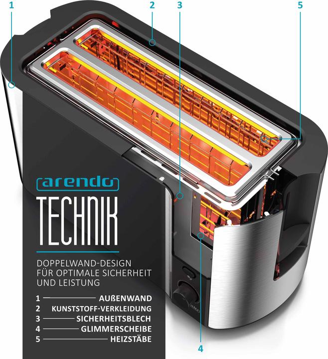 Immagine prodotto Arendo Tostapane in acciaio inox a 4 fette con slot lungo, scalda panini, display con indicatore del tempo