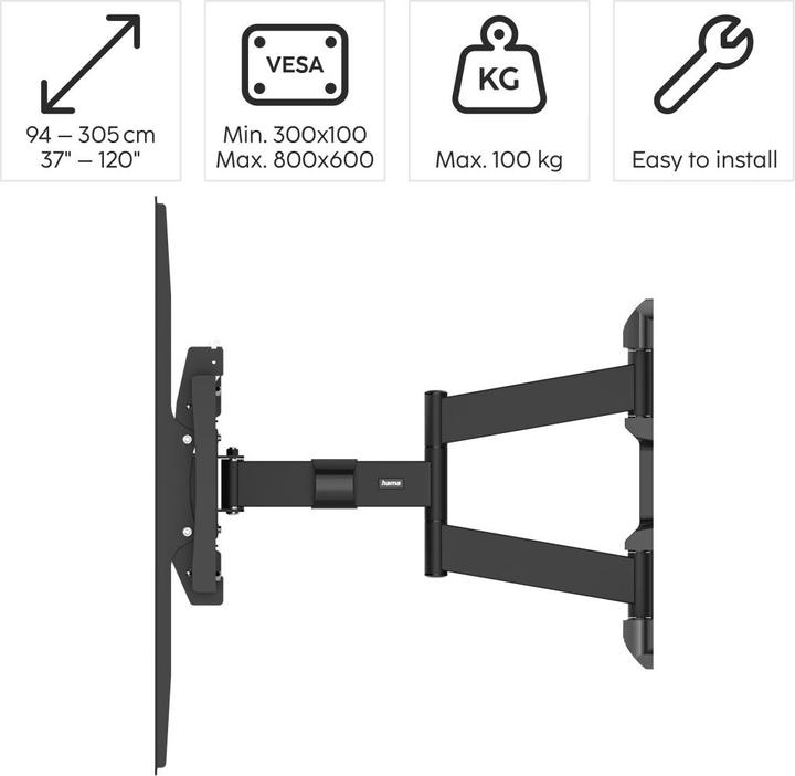 Produktbild Hama TV-Wandhalterung, schwenkbar, neigbar, ausziehbar, 305cm (120"), bis 100 kg (Wand, 120", 100 kg)